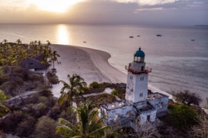 Tanzania Fanjove Island Aerial of lighthouse at sunset