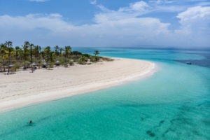 Tanzania Fanjove Island Aerial of sand beach with swimmer